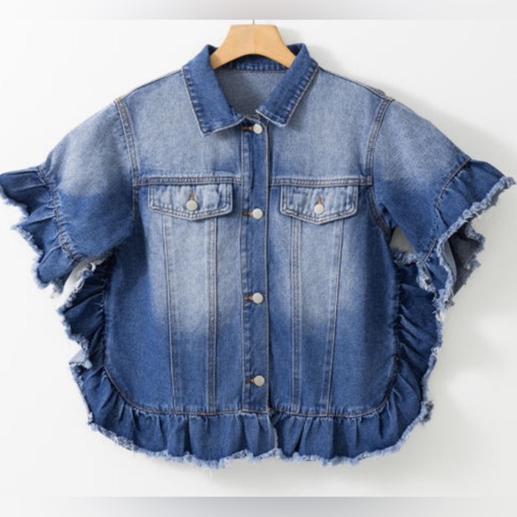 Blue Raw Edge Ruffled Short Sleeve Denim Jacket - Picture 5 of 6